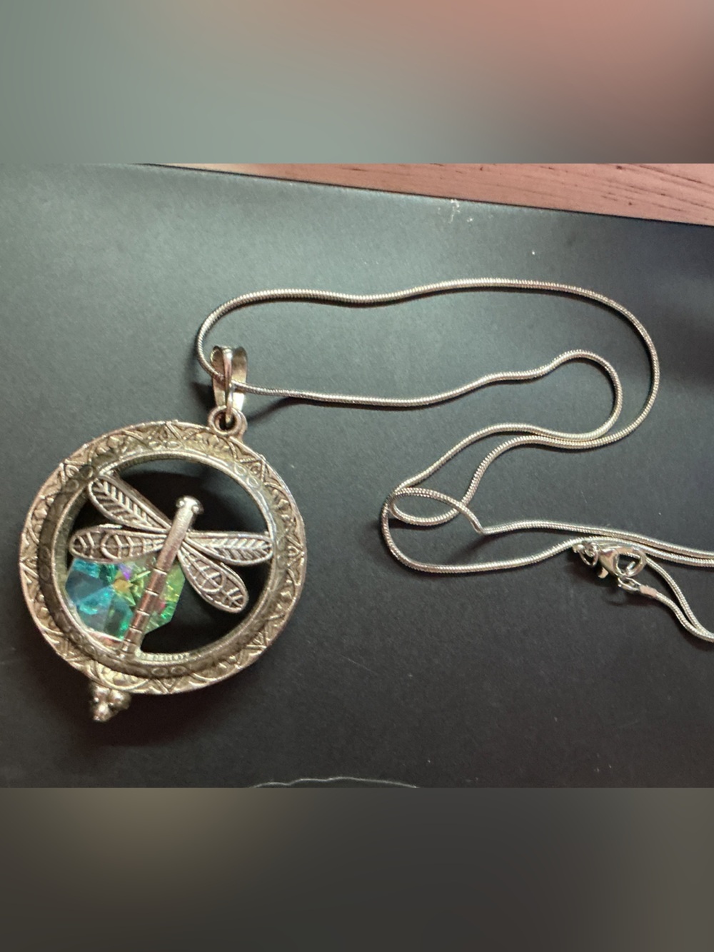Locket Silver Dragonfly Pendant Necklace with Iridescent Accent